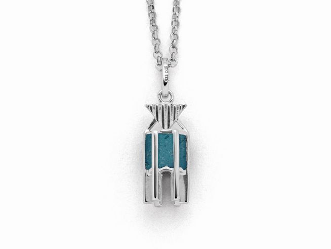Sterling Silber Kette mit Anhänger in Form eines stilisierten Leuchtturms, gefüllt mit blauem Steinsand, 45 cm lang, von DUR Schmuck, K2820.