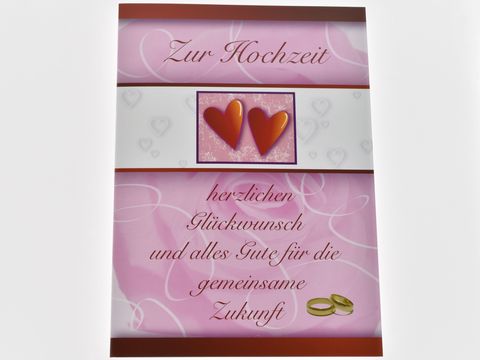 Hochzeitskarte in rot und rosa mit Ringen und Herzen, Glückwunsch zur Hochzeit und alles Gute für die gemeinsame Zukunft, Hersteller Juwelier Harnisch, Hochzeitskarten.