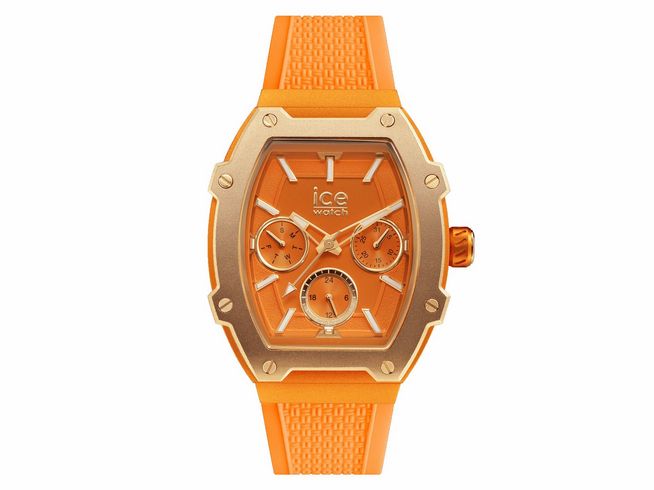 ICE boliday Orange Uhr von Ice Watch in vibrantem Orange mit goldfarbenem Gehäuse und drei Zifferblättern für zusätzliche Funktionen, geeignet für den Alltag und stilbewusste Auftritte.