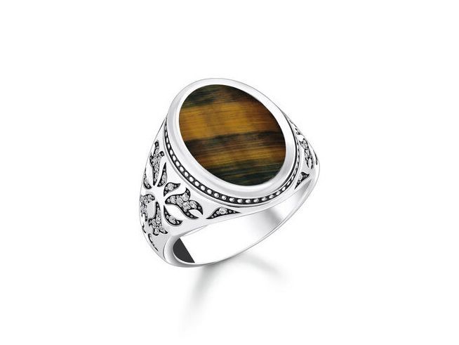 Thomas Sabo TR2454-950-1-62 Ring in Größe 62 mit goldblauem Tigerauge, verziert mit Zirkonia und filigranem Design aus geschwärztem Silber. Ideal für stilbewusste Männer.