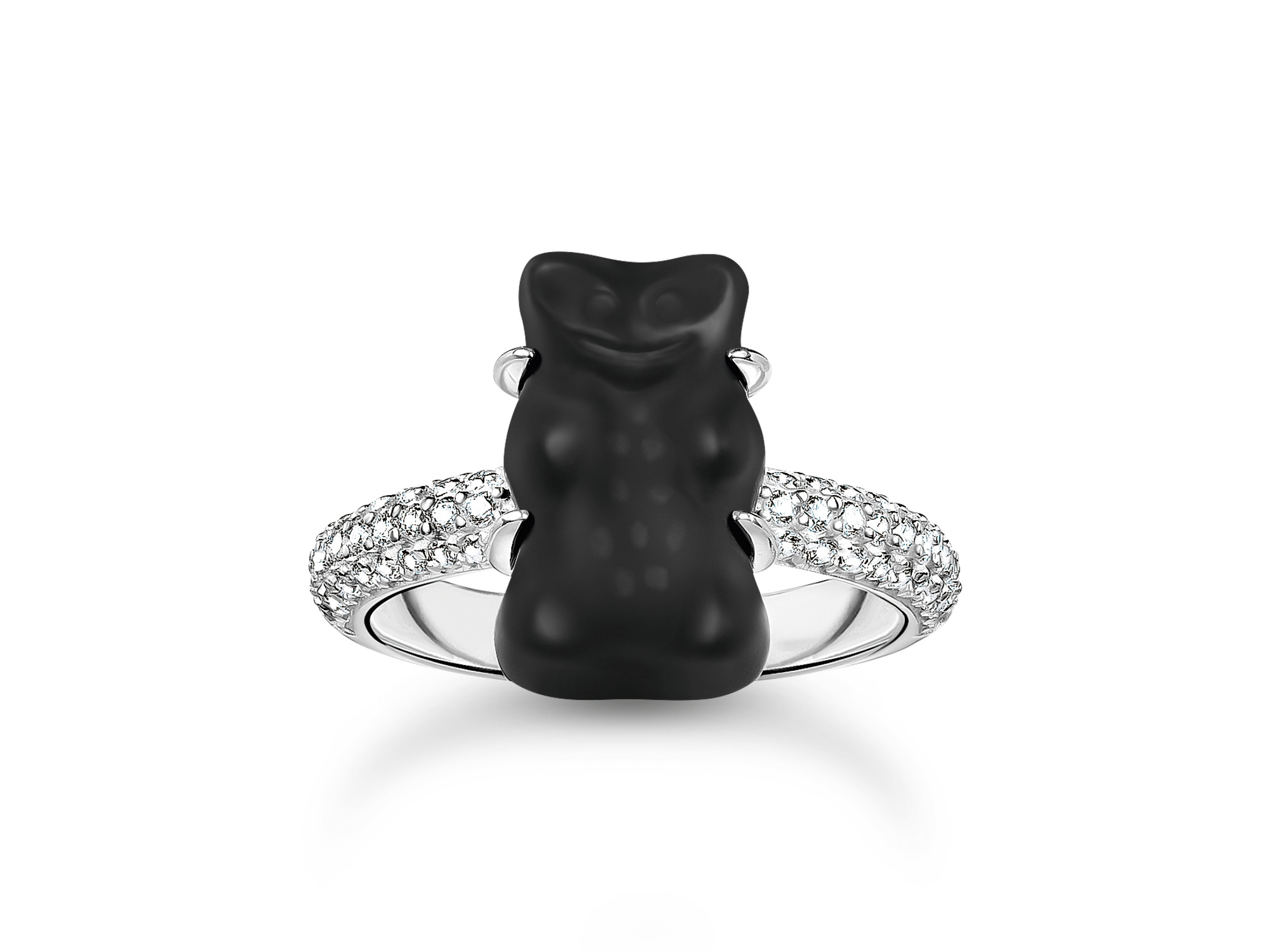 Schwarz-silberner Ring von Thomas Sabo mit einem Gummibärchen-Design aus Zirkonia. Der Ring hat eine Größe von 56 und hebt sich durch das verspielte Design hervor.