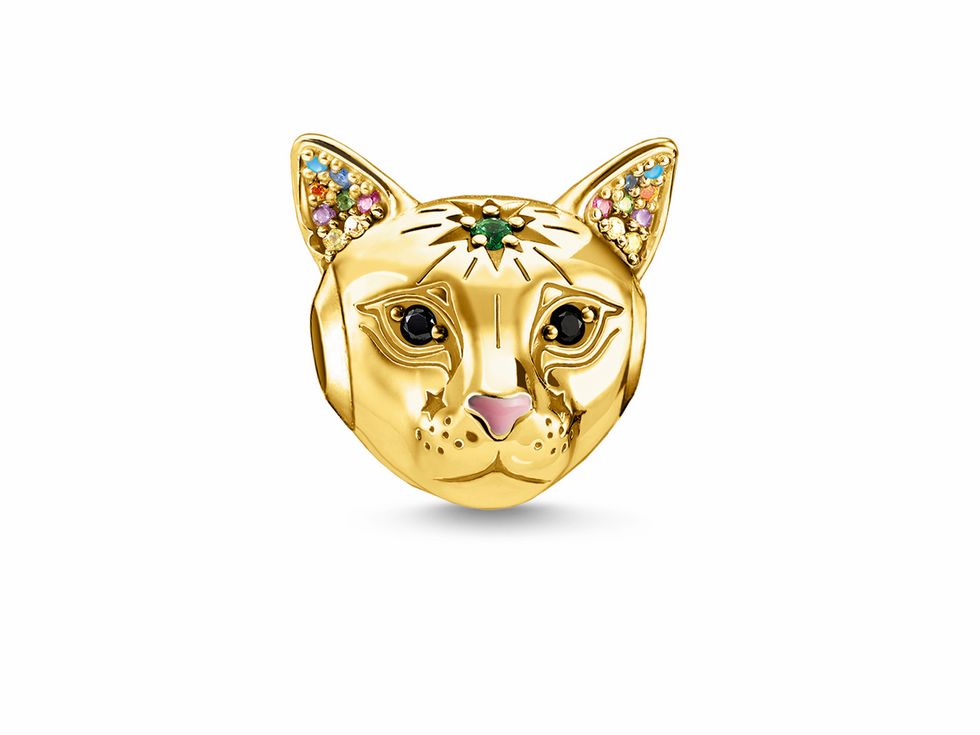 Thomas Sabo Karma Beads mit einem goldenen Katzenkopf, verziert mit bunten Zirkonia und Emaille, aus Sterling Silber und Keramik, farbenfroh und einzigartig im Design.