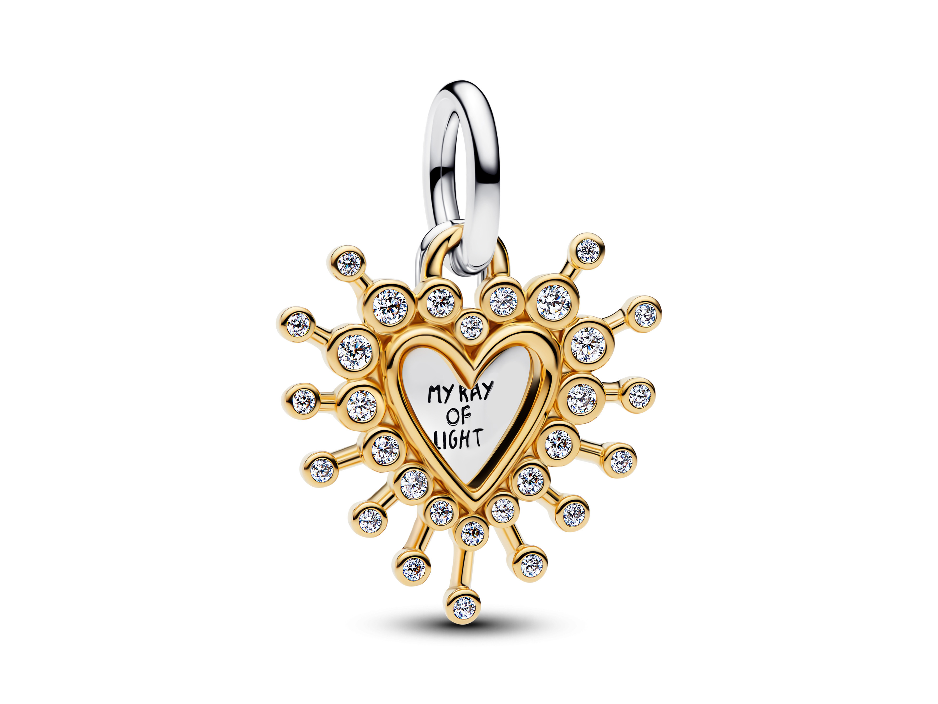 Pandora 764141C01 - Strahlendes Herz Doppelter Charm - Sterling Silber & Vergoldung - Zirkonia Strahlendes Herz Doppelter Charm von Pandora aus Sterling Silber und Vergoldung mit Zirkonia, präsentiert in herzförmigem Design mit aufwendigen Ziersteinen und der Inschrift My Ray of Light.