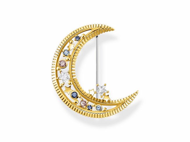 Brosche von Thomas Sabo aus Sterling Silber, vergoldet in Gelbgold, im Monddesign mit synthetischem Spinell und Zirkonia, verziert mit bunten Steinen.