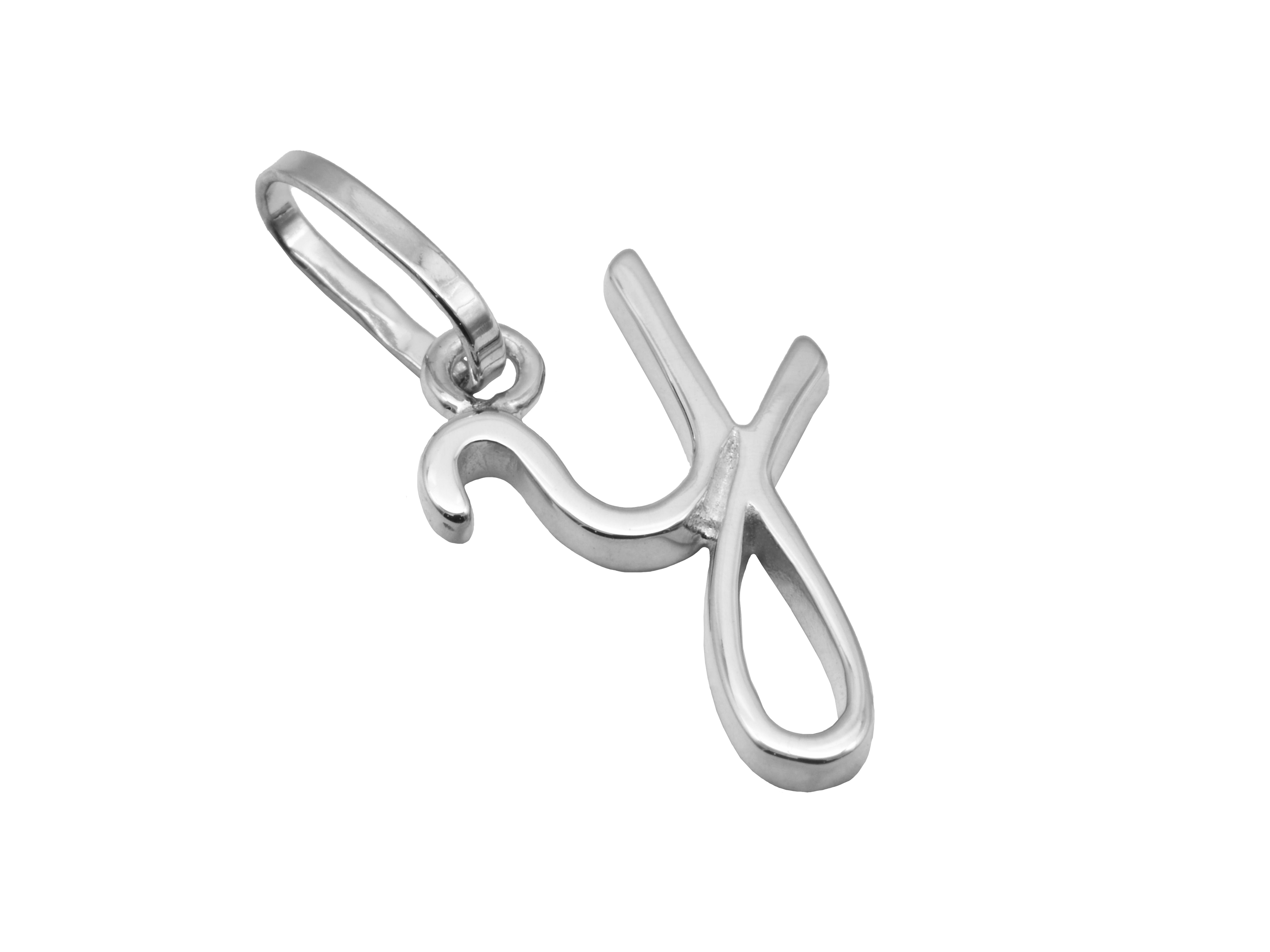Buchstabenanhänger Y aus rhodiniertem Sterling Silber, poliert, von Juwelier Harnisch, elegantes Design ideal als Schmuckstück.
