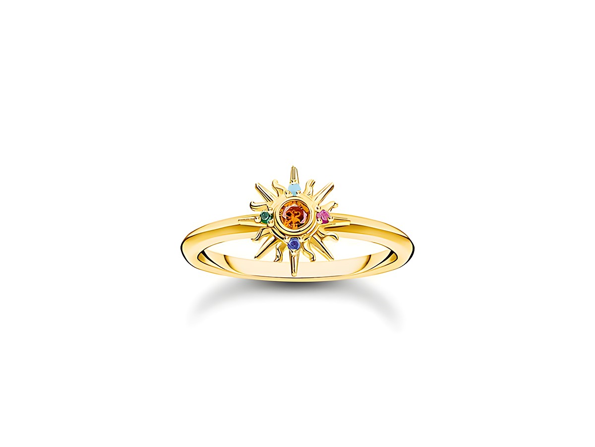 Ring von Thomas Sabo in Silber und vergoldet mit einem Sonnenmotiv, bunten Steinen und filigranem Design, Größe 52, ideal für Sommer- und Festival-Looks.