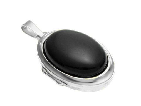 Regenbogen Obsidian Medaillon Cabochon in 925 Silber rhodiniert, Hersteller Juwelier Harnisch, elegantes Design mit ovalem Stein und hochwertiger rhodinierter Fassung.