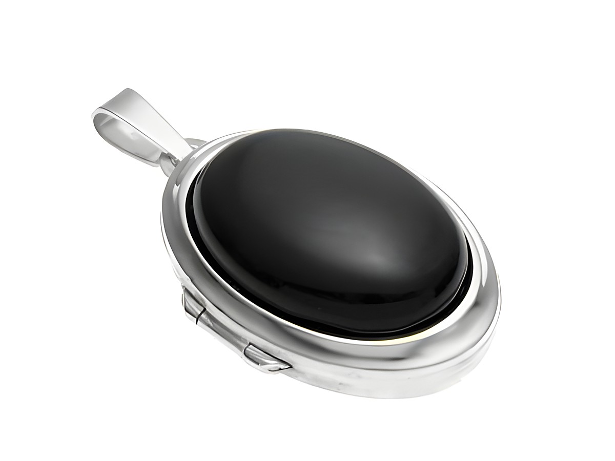 Regenbogen Obsidian Medaillon Cabochon in 925 Silber rhodiniert, Hersteller Juwelier Harnisch, elegantes Design mit ovalem Stein und hochwertiger rhodinierter Fassung.