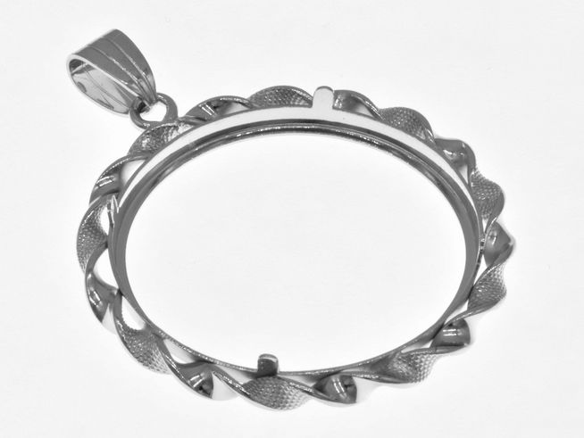 Münzfassung Anhänger aus rhodiniertem 925 Sterling Silber, geeignet für Münzen mit einem Durchmesser von bis zu 31 mm und einem filigranen, geschwungenen Design.