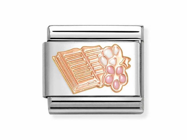 Das Bild zeigt das Nomination Classic Roségold 430202 23 mit einer Emaille-Darstellung eines Buches und bunten Blumen. Der Anhänger hat eine elegante roségoldene und silberne Gestaltung.