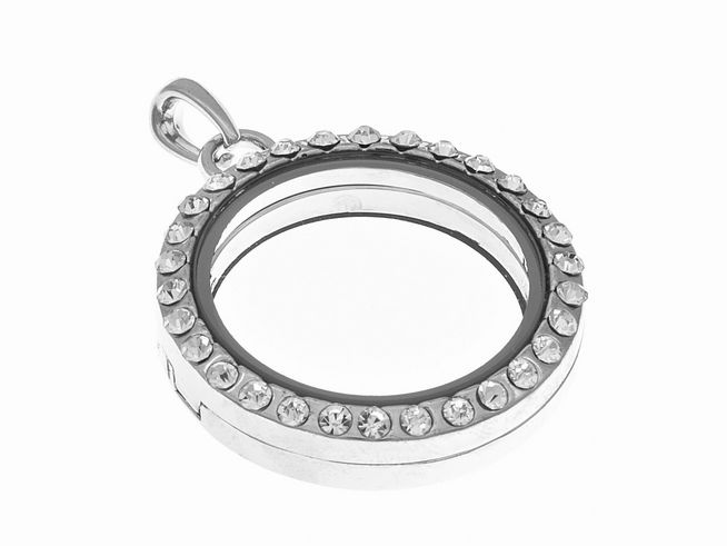Medaillon rund aus Glas mit Zinnfassung und Zirkonia, glänzende Details, ideal als Fotoanhänger, Hersteller Juwelier Harnisch.