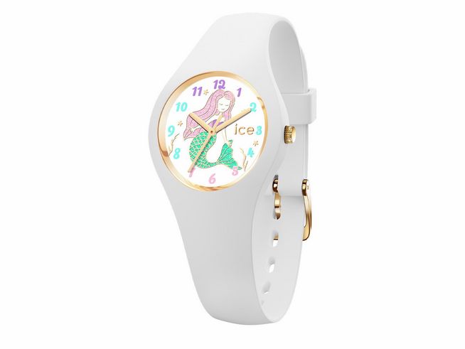 Weißes Ice Watch Modell ICE fantasia mit motiviertem Ziffernblatt, das eine Meerjungfrau zeigt. Die Uhr hat eine goldene Umrandung und bunte Ziffern für extra kleine Handgelenke.