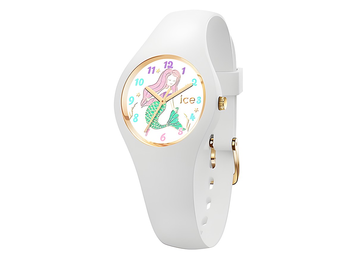 Weißes Ice Watch Modell ICE fantasia mit motiviertem Ziffernblatt, das eine Meerjungfrau zeigt. Die Uhr hat eine goldene Umrandung und bunte Ziffern für extra kleine Handgelenke.
