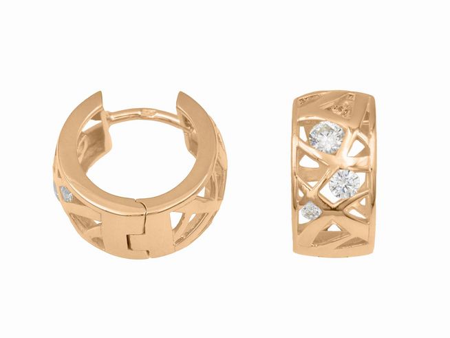 Creolen aus roségold vergoldetem Sterling Silber mit glitzerndem Netzdesign und funkelnden Zirkoniasteinchen, Durchmesser 1,3 cm, hergestellt von Juwelier Harnisch.
