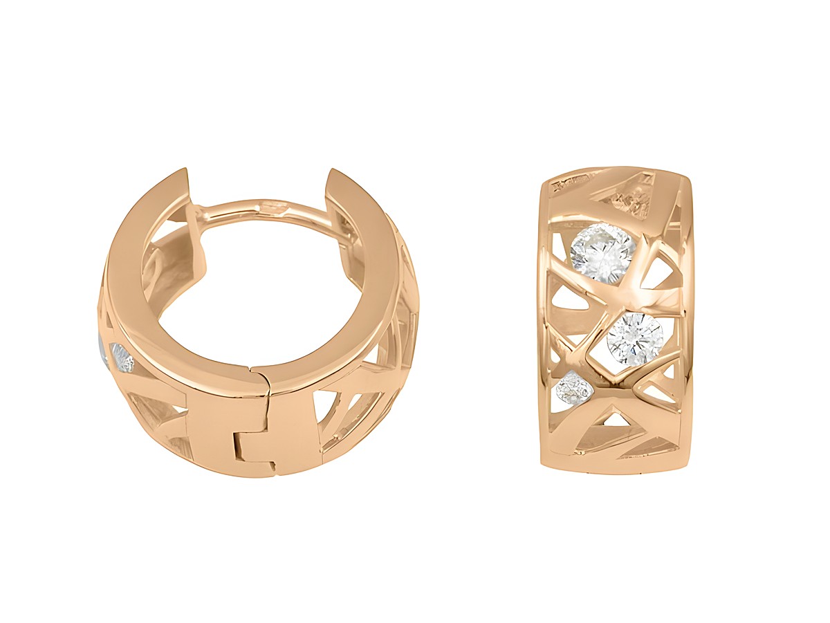 Creolen aus roségold vergoldetem Sterling Silber mit glitzerndem Netzdesign und funkelnden Zirkoniasteinchen, Durchmesser 1,3 cm, hergestellt von Juwelier Harnisch.