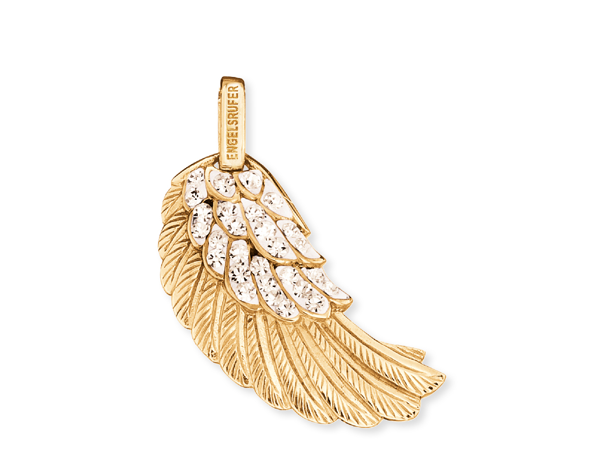 Engelsrufer ERW-M-01-ZI-G FLÜGEL Anhänger mit Kristallen in Gelbgold Vergoldung auf Silber, 3 cm lang, verziert mit weißen Kristallen, elegant und filigran gestaltet.