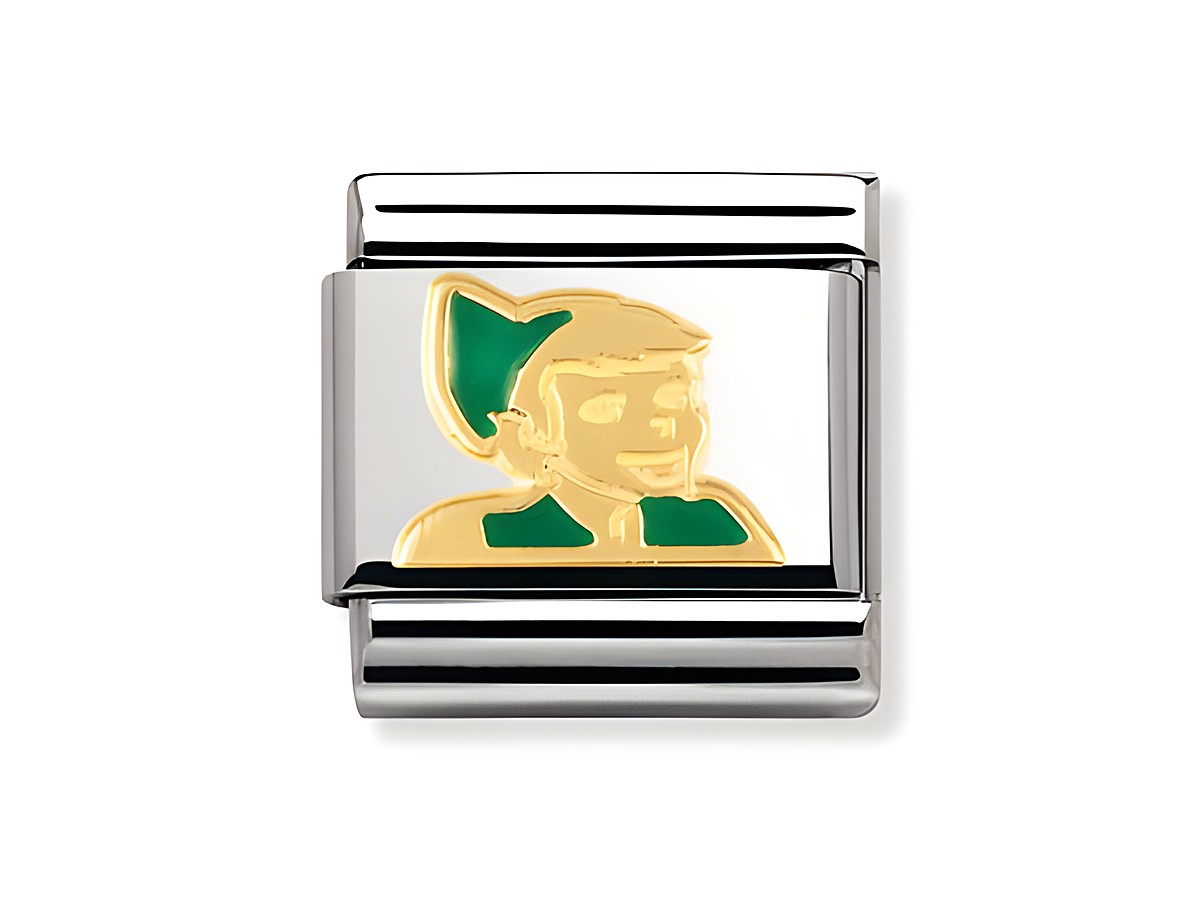 Ein Charm aus Edelstahl mit goldfarbener Peter Pan Darstellung, der grüne Hut und das Lächeln des Charakters sind hervorgehoben, von Nomination, Modell Classic Fantasia.
