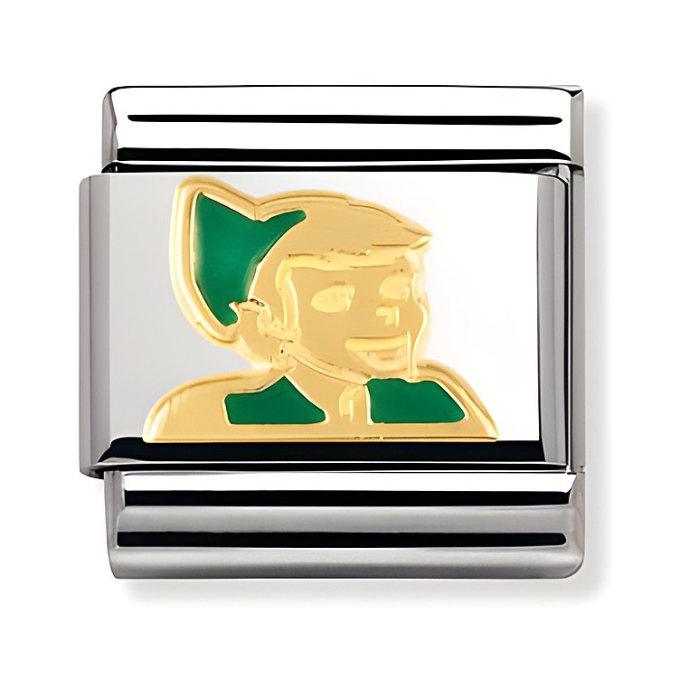 Ein Charm aus Edelstahl mit goldfarbener Peter Pan Darstellung, der grüne Hut und das Lächeln des Charakters sind hervorgehoben, von Nomination, Modell Classic Fantasia.