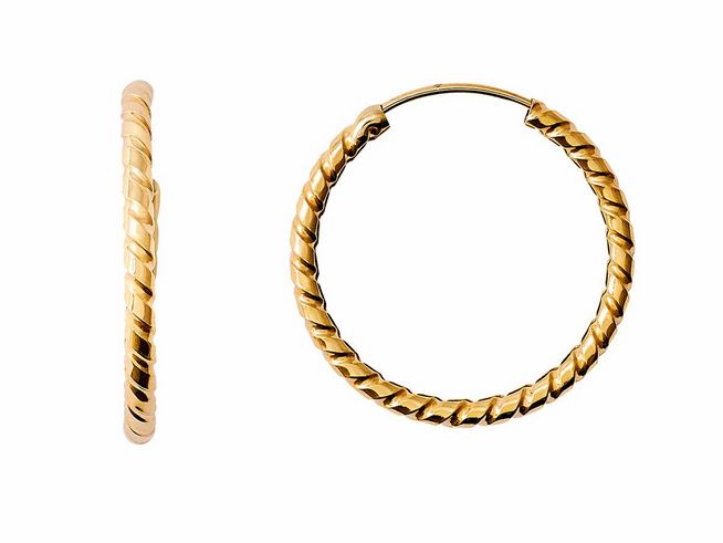 Gelbgoldene Creolen aus 585er Gold, polierte Oberfläche, mit einem geflochtenen Design, elegant und zeitlos, idealer Ohrschmuck für jeden Anlass, Hersteller Xenox.