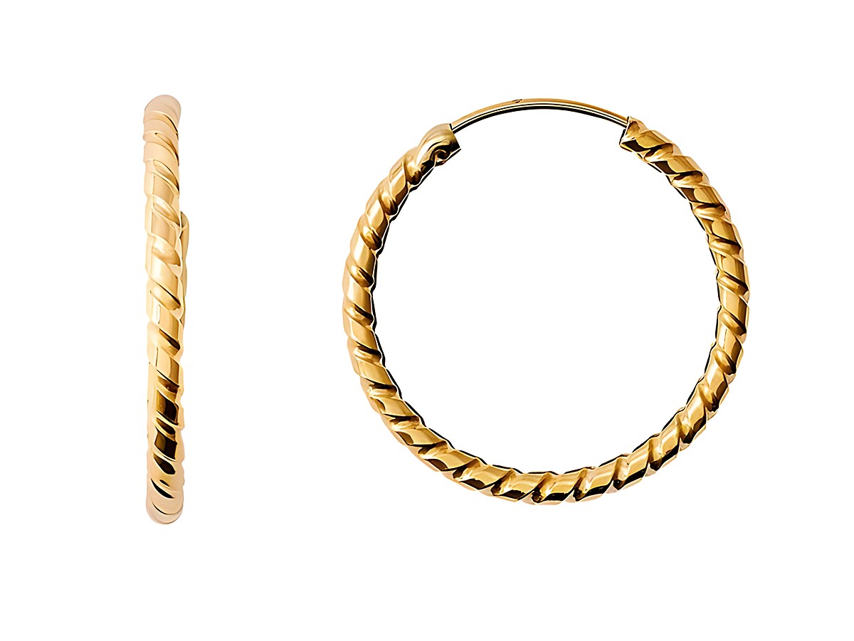 Gelbgoldene Creolen aus 585er Gold, polierte Oberfläche, mit einem geflochtenen Design, elegant und zeitlos, idealer Ohrschmuck für jeden Anlass, Hersteller Xenox.