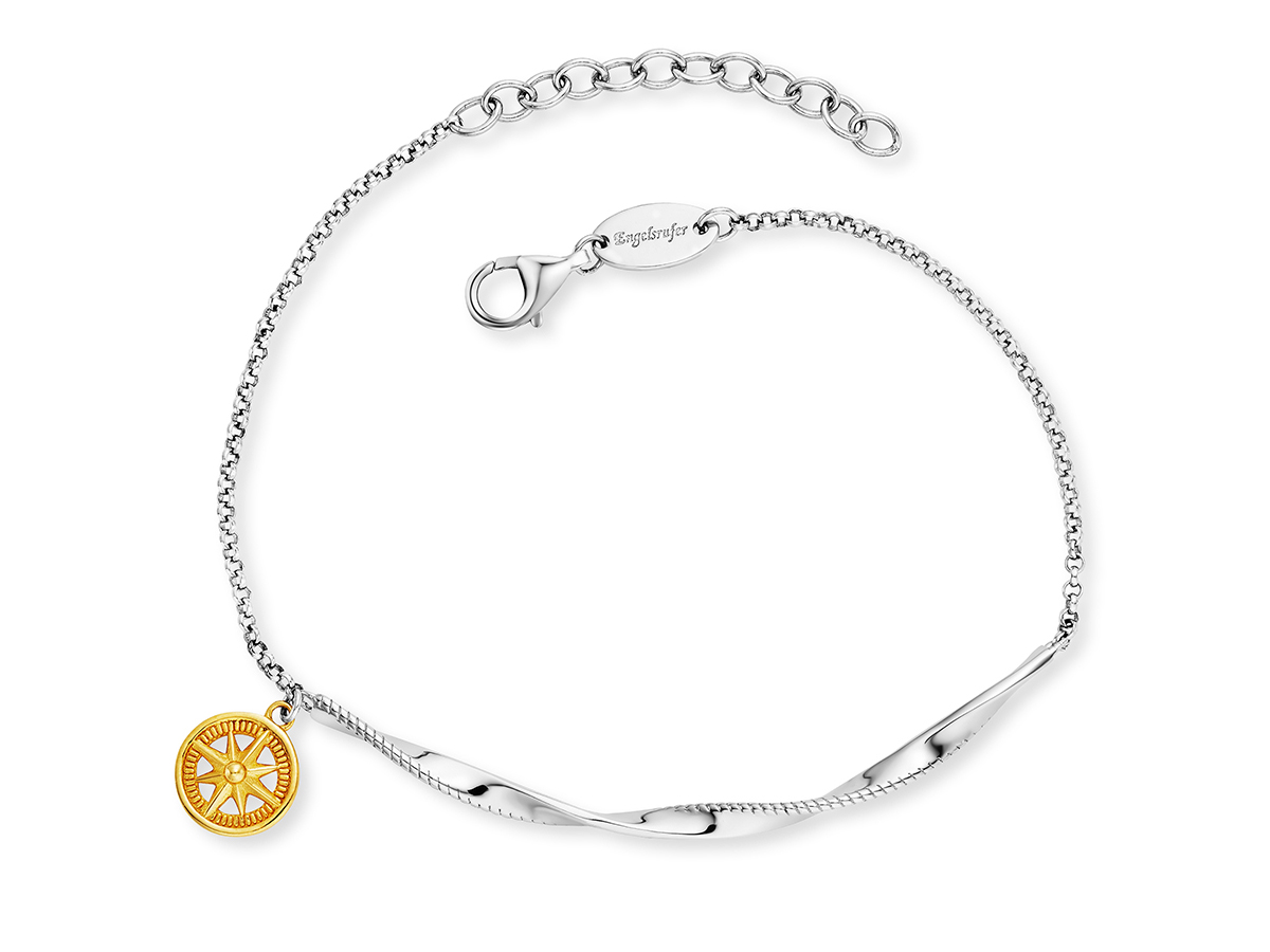 Engelsrufer ERB-ALOHA-TWIST-BIG ALOHA Armband Bicolor aus vergoldetem Silber mit einem Anhänger in Form eines Kompasses, elegantes Design, 17 cm lang.