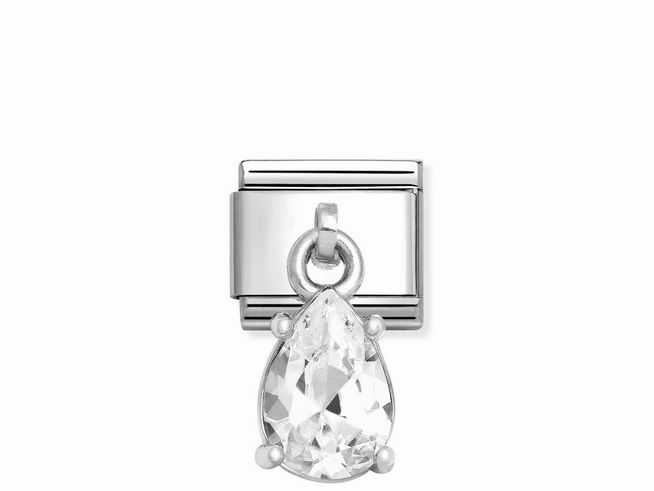 Tropfenförmiger Charm von Nomination mit weißen Zirkonia, eingefasst in Sterling Silber und Edelstahl, glänzendes Design für individuelle Armbänder.