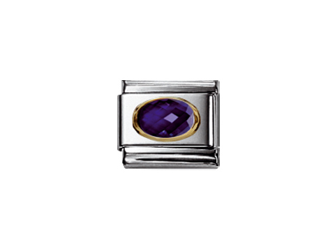 Zirkonia in facettiertem Blau, ovaler Form, umgeben von einem silberfarbenen Rahmen mit goldener Umrandung, Hersteller ist Nomination. Ideal für modischen Schmuck.