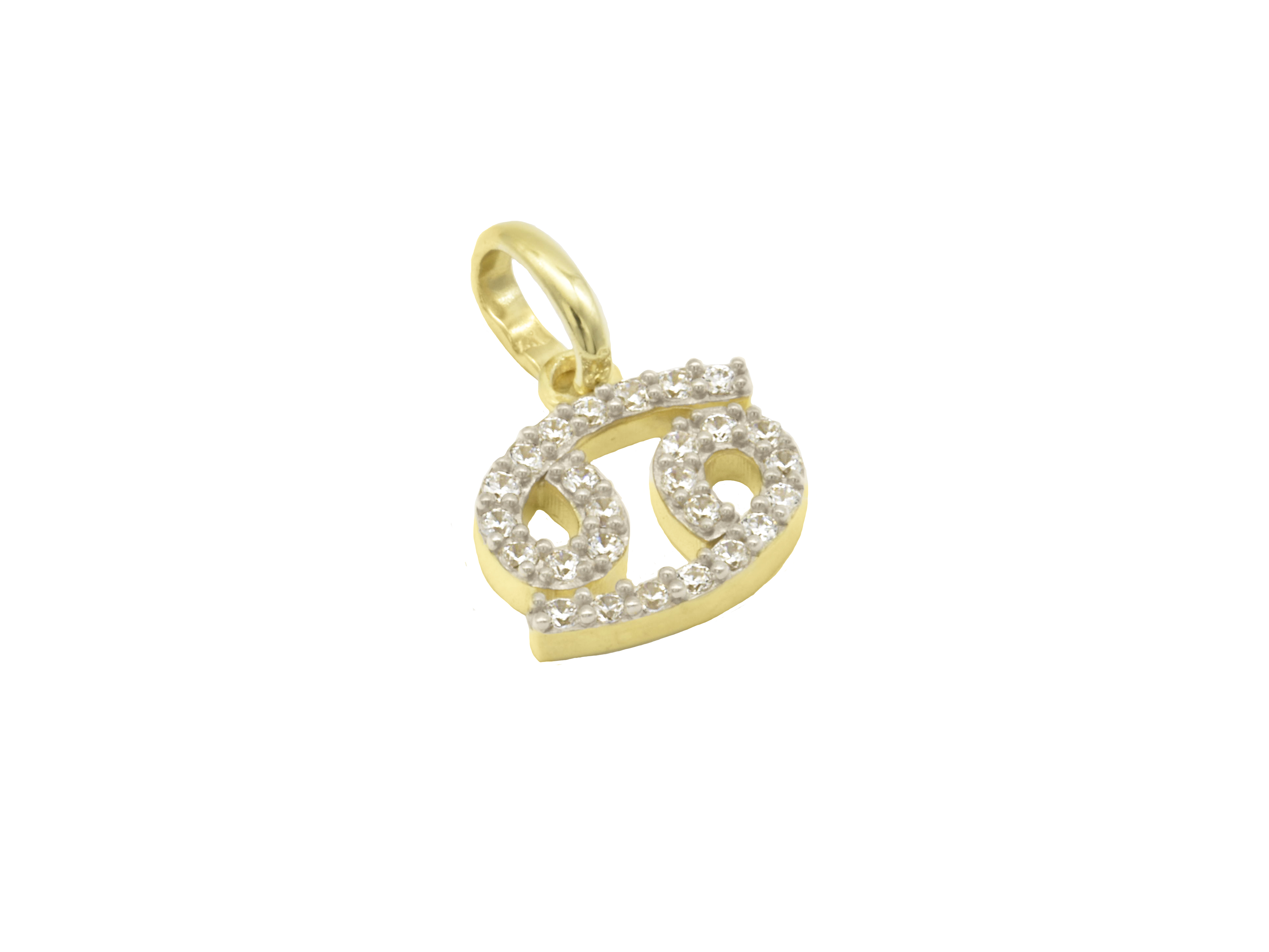 Ein eleganter Anhänger in Form des Sternzeichens Krebs, aus vergoldetem Sterling Silber 925 mit polierter Oberfläche, verziert mit funkelnden Zirkonia. Ideal für Schmuckliebhaber.
