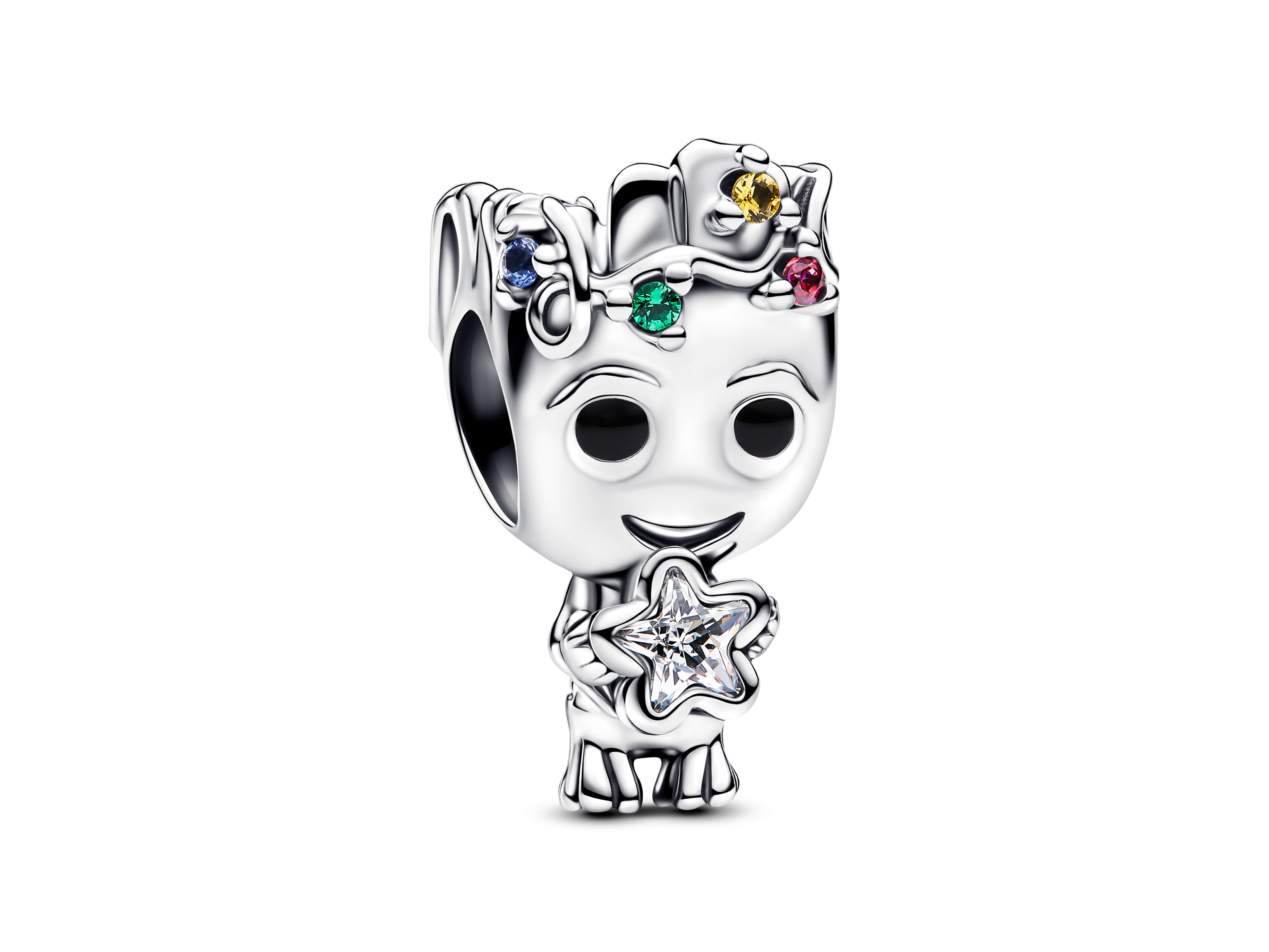 Pandora charm 793559C01 Marvel Groot Anhänger aus Silber mit klarem und rotem Zirkonia, zeigt eine detailreiche Figur von Groot mit farbigen Edelsteinen und einem funkelnden Stern in der Hand.