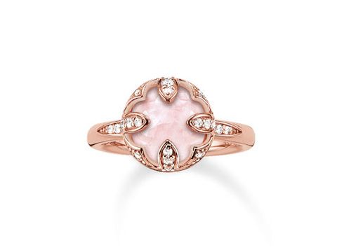 Ring aus sterling Silber, vergoldet in Roségold, mit einem rosa Rosenquarz und Zirkonia-Steinen, Größe 56. Elegant und ansprechend im Design, ideal für besondere Anlässe.