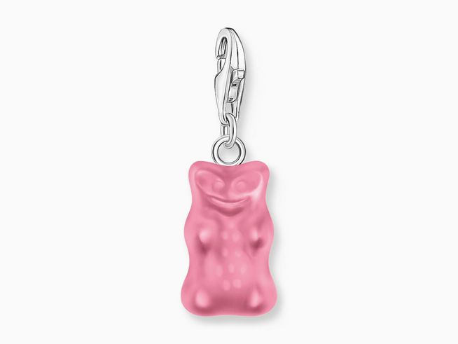 Charm-Anhänger in Form eines pinken Gummibärchens aus Glas mit silbernem Karabinerverschluss von Thomas Sabo, ideal für eine verspielte Schmuckkollektion.