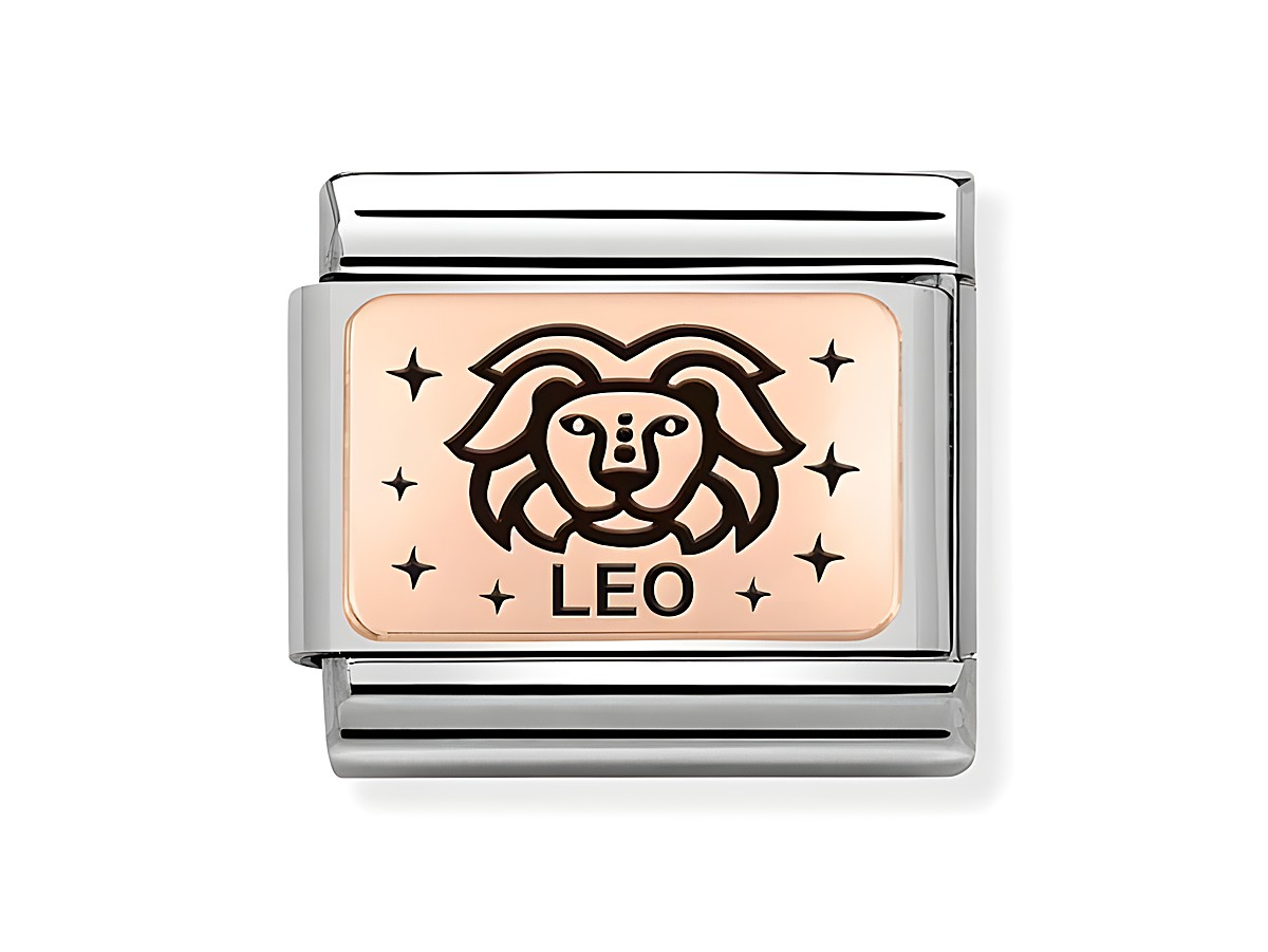 Charm von Nomination aus Edelstahl und Roségold mit dem Sternzeichen Löwe, gestaltet mit einem Löwenkopf und dem Schriftzug Leo, umgeben von kleinen Sternen.