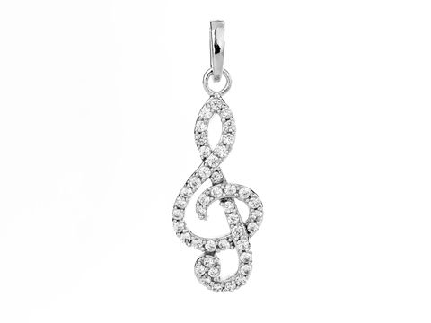 Notenschlüssel Anhänger aus rhodiniertem Silber mit weißen Zirkonia, zeitloses Design, von Juwelier Harnisch, ideal für Musikliebhaber.