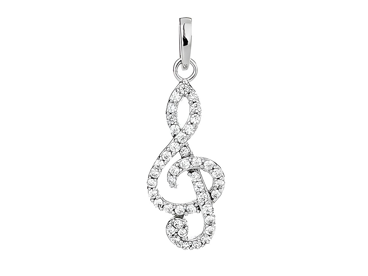 Notenschlüssel Anhänger aus rhodiniertem Silber mit weißen Zirkonia, zeitloses Design, von Juwelier Harnisch, ideal für Musikliebhaber.