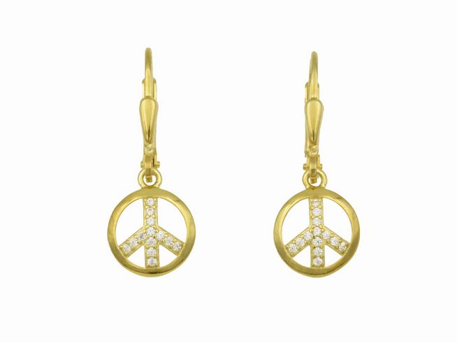 Ohrringe Ohrhänger Peace Symbol aus Sterling Silber mit Gelbgoldvergoldung, versehen mit funkelnden Steinen, hergestellt von Juwelier Harnisch, elegant und symbolisch.