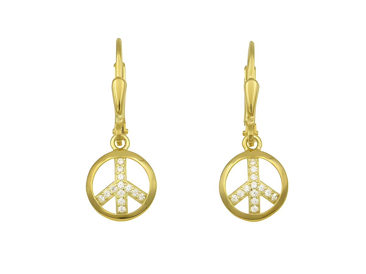 Ohrringe Ohrhänger Peace Symbol aus Sterling Silber mit Gelbgoldvergoldung, versehen mit funkelnden Steinen, hergestellt von Juwelier Harnisch, elegant und symbolisch.