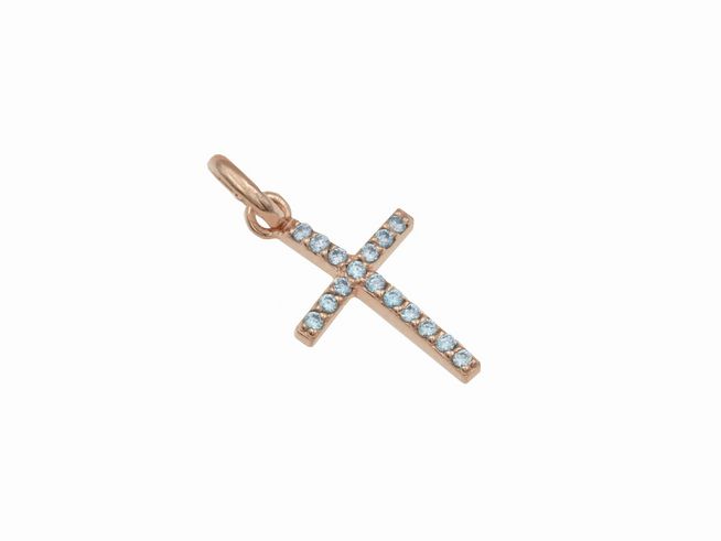 Anhänger Kreuz bezaubernd aus Sterling Silber roségold vergoldet mit blauen Zirkonia-Steinen, elegant und stilvoll, geeignet für persönliche sowie festliche Anlässe, Hersteller Juwelier Harnisch.