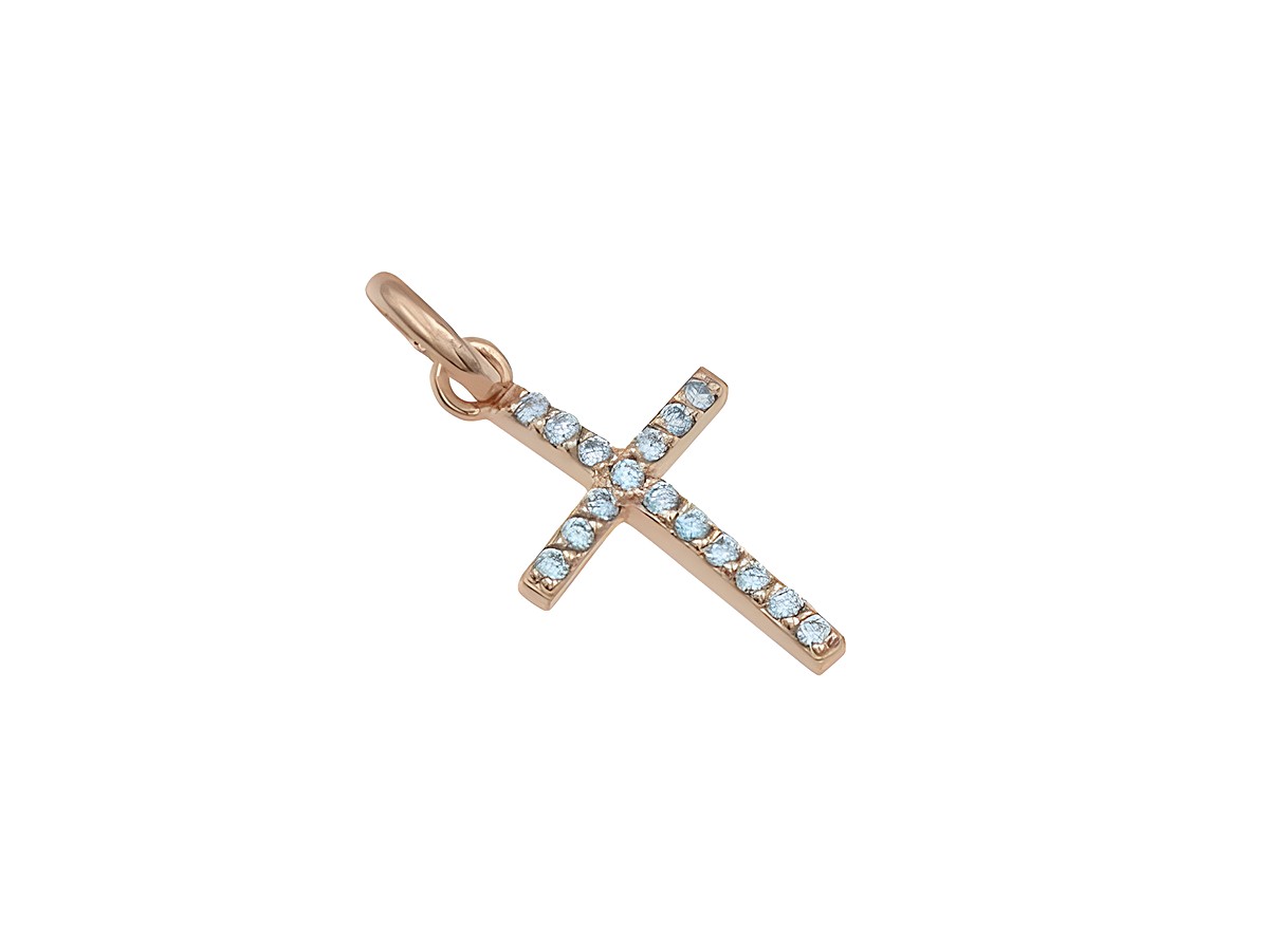 Anhänger Kreuz bezaubernd aus Sterling Silber roségold vergoldet mit blauen Zirkonia-Steinen, elegant und stilvoll, geeignet für persönliche sowie festliche Anlässe, Hersteller Juwelier Harnisch.