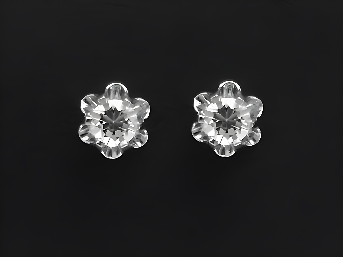 Silber Ohrringe 6 x 6 mm mit Krappenfassung, Hersteller Juwelier Harnisch, blumiges Design mit klaren Steinen, elegant und funkelnd, ideal für jeden Anlass.
