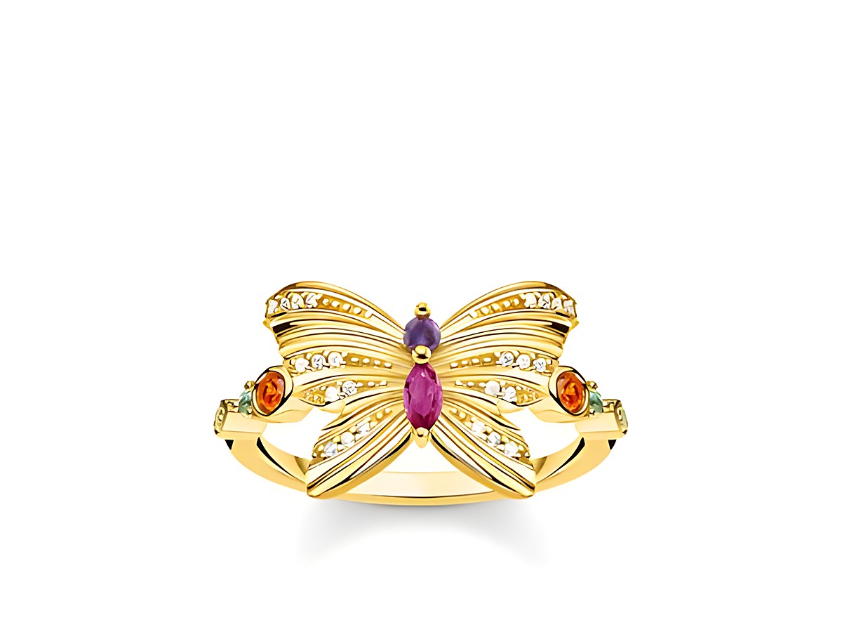 Thomas Sabo TR2285-488-7-50 Ring aus Silber und Gelbgold mit mehrfarbigen Steinen in Form eines Schmetterlings, Größe 50. Elegantes Design mit funkelnden Akzenten.