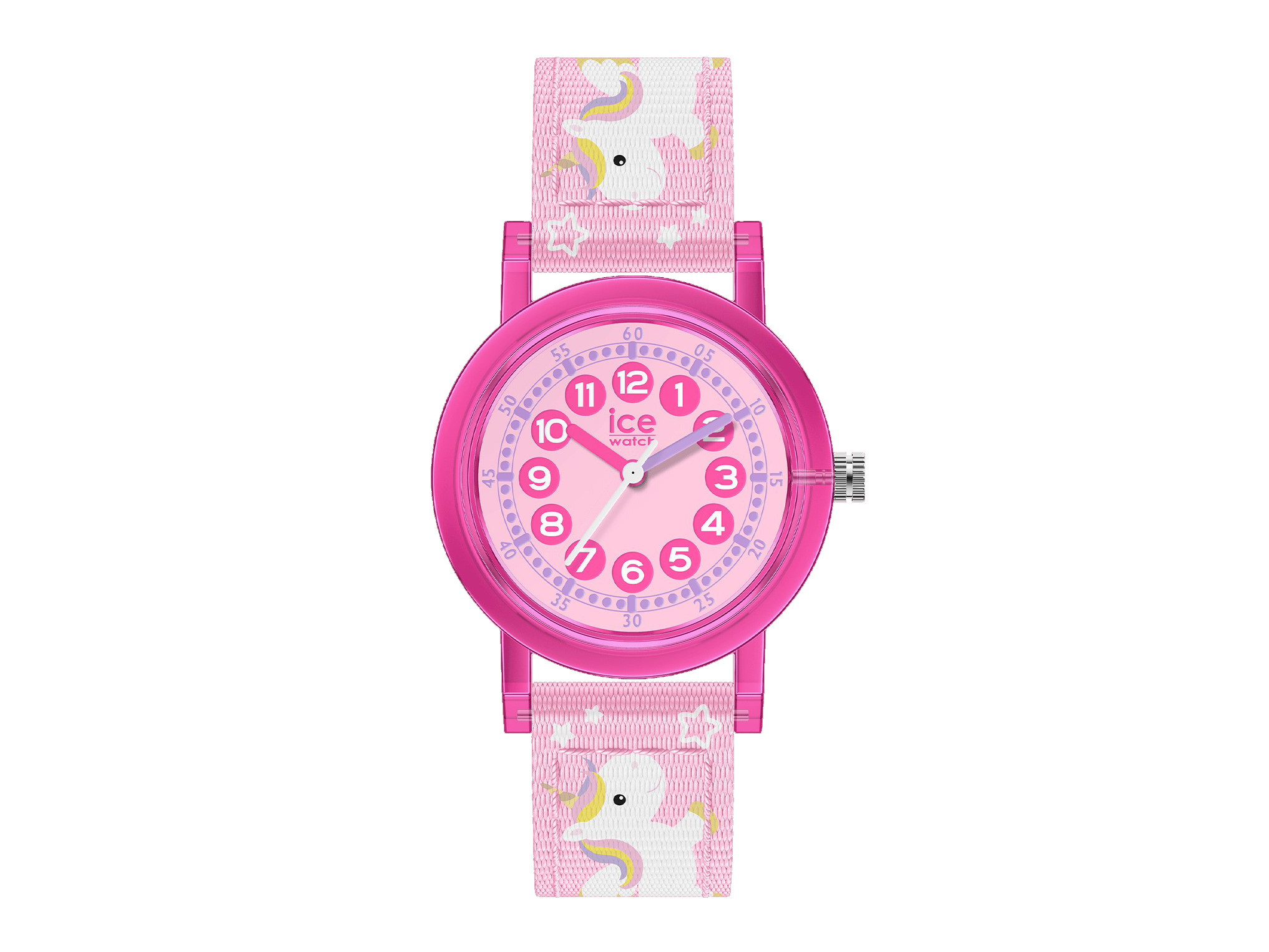 Ice Watch 024496 ICE Learning Uhr in Pink mit einem extra kleinen Gehäuse und einem bunten Einhorn-Muster auf dem Armband, ideal für Kinder und junge Mädchen.