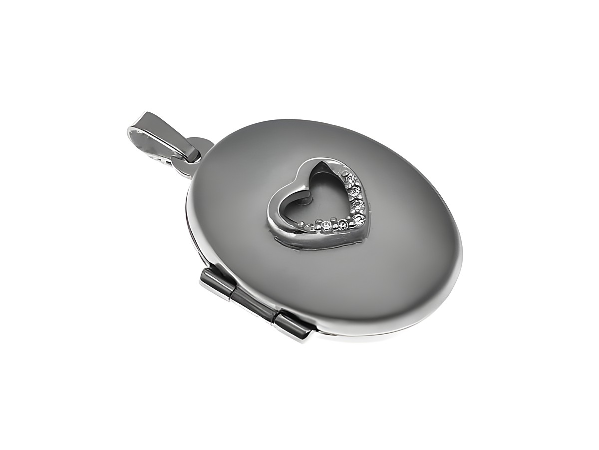 Ovales Medaillon in Herzform mit Zirkonia, aus rhodiniertem Sterling Silber, Hersteller Juwelier Harnisch, hochwertig gestaltet und elegant im Design.