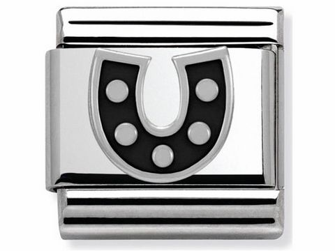 Classic schwarzes Hufeisen von Nomination mit silbernem Rahmen, verziert mit schwarzen und silbernen Details, ideal für die individuelle Armbandschmuckgestaltung.
