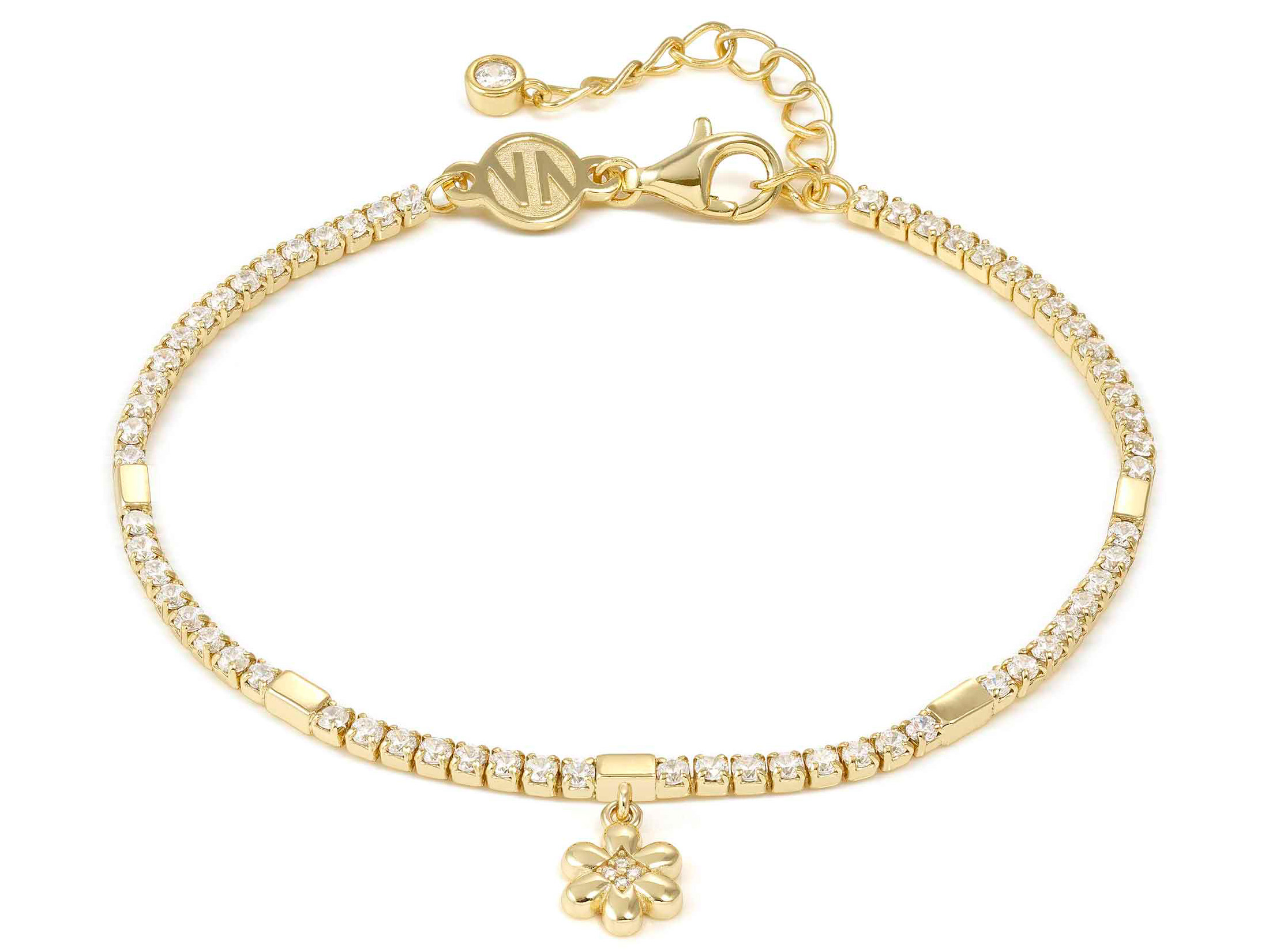 Sterling Silber Armband in vergoldeter Ausführung mit blütenförmigem Anhänger und Zirkonia-Steinen, von Pandora, verstellbar von 16,5 bis 19,5 cm, elegant und funkeln.