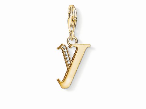 Charme-Anhänger Buchstabe Y von Thomas Sabo, vergoldet, mit funkelnden Zirkonia-Steinen und einem praktischen Karabiner, ideal zum Personalisieren von Schmuck.
