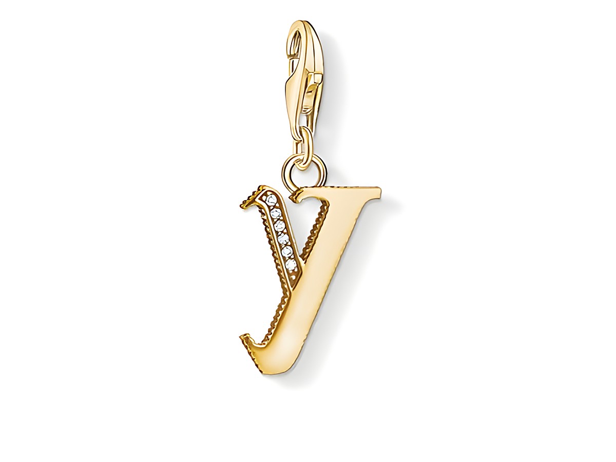 Charme-Anhänger Buchstabe Y von Thomas Sabo, vergoldet, mit funkelnden Zirkonia-Steinen und einem praktischen Karabiner, ideal zum Personalisieren von Schmuck.
