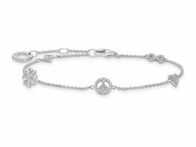Thomas Sabo Armband A2039-051-14-L19V aus Sterling Silber mit weißen Zirkonia, verziert mit verschiedenen Anhängern, Länge von 16 bis 19 cm.