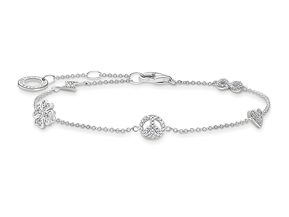 Thomas Sabo Armband A2039-051-14-L19V aus Sterling Silber mit weißen Zirkonia, verziert mit verschiedenen Anhängern, Länge von 16 bis 19 cm.
