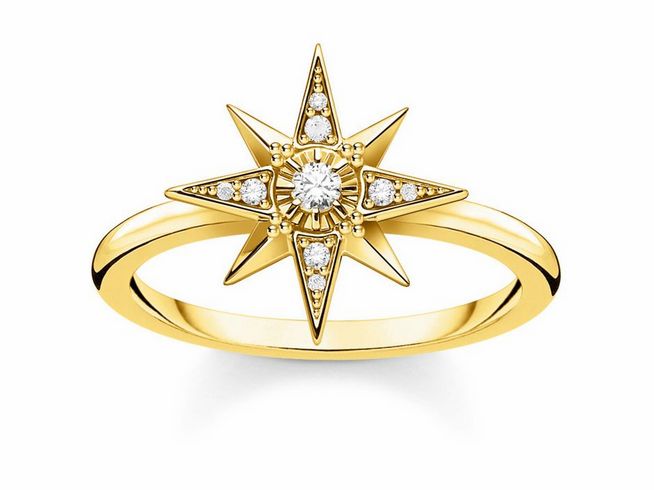 Gelbgold vergoldeter Ring von Thomas Sabo mit Goldstern Design und funkelndem Stein in der Mitte, Größe 54, elegant und auffällig.