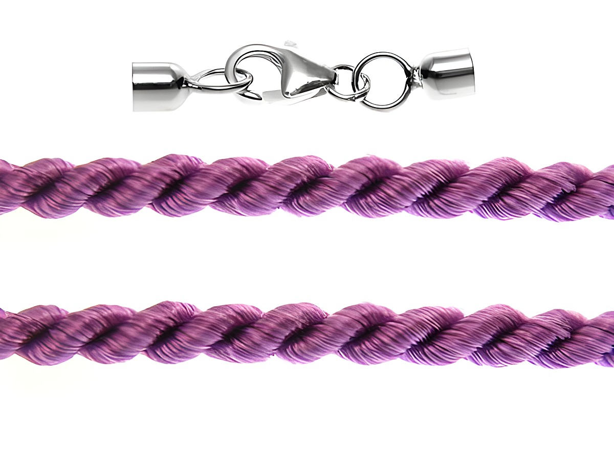 Kordel gedreht 110 cm in lila mit einem Durchmesser von 2 mm und einem Silber Karabiner, Hersteller Juwelier Harnisch, ideal für Schmuckkreationen oder Bastelarbeiten.